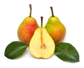 Pears cut into slices beautiful fruit isolated on white background. Delicious and healthy food for weight loss and after sports.