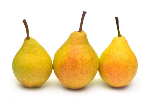 Three pear beautiful fruit isolated on white background. Delicious and healthy food for weight loss and after sports.
