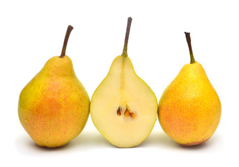 Pears cut into slices beautiful fruit isolated on white background. Delicious and healthy food for weight loss and after sports.