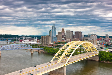 Gloomy skies over the city of Cincinnati Ohio