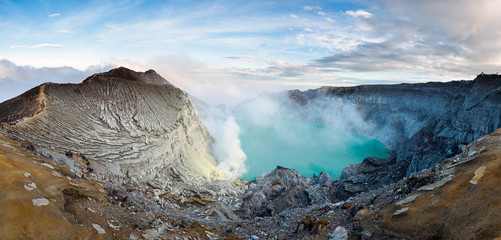 Lake and Sulfur Mine at Khawa Ijen Volcano Crater, Java Island, Indonesia