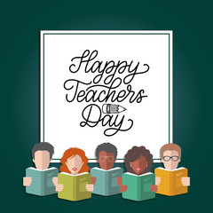 Vector Happy Teachers Day hand lettering in frame with illustration in flat style.Icons of students or pupils with books