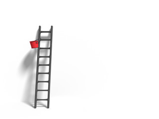 miniature figurine ladder and red paint in front of a wall isolated on white background