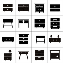 Chest of drawers vector icon. Furniture types. Bedroom furniture and storage concept. Interior design. Dresser design. Flat lay isolated icons set
