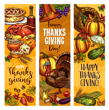 Thanksgiving day sketch vector greeting banners