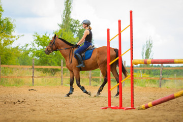 Jockey young girl doing horse jumping through hurdle