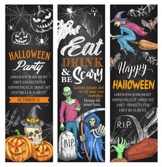 Halloween night party vector sketch monster banner