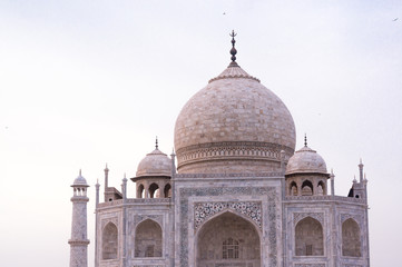 The beautiful Taj Mahal shot during the orange pink sunset light showing the whiteness of the marble and all the details in the minarets and domed roof