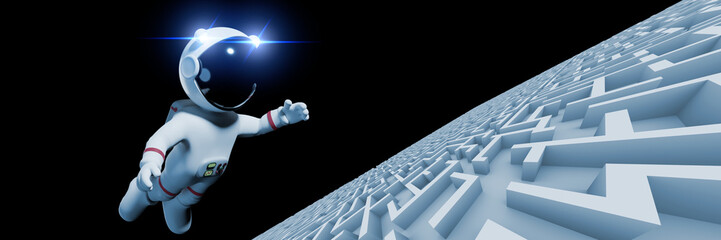 cartoon astronaut person flying over huge endless maze structure