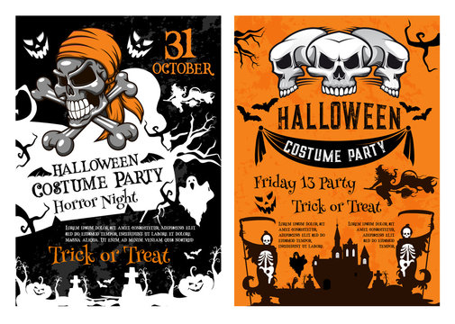 Halloween pumpkin, skull skeleton poster template