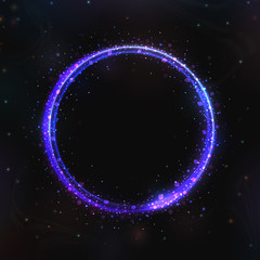 Shining circle round, lens flare and stars with sparks on dark background. 