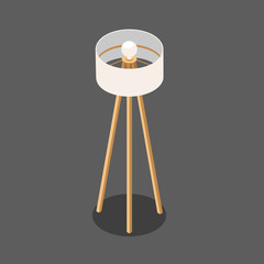lamp. white round lamp on the long wooden legs. fashionable floor lamp with one bulb. vector illustration of an isometric view, in isolation from the background
