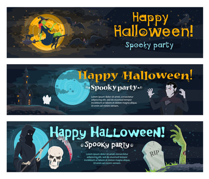 Halloween party banner with ghost, bat and witch