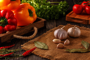 Vegetables, herbs, spices background. Selective focus.
