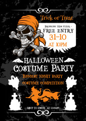 Fototapeta na wymiar Halloween holiday party poster with pirate skull
