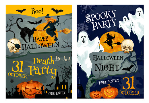 Halloween party poster of pumpkin, ghost and which