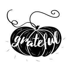Vector card with hand drawn black pampkin and text Grateful on white background. Print, banner, logo, sign, label