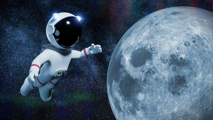 cartoon astronaut character in white space suit is performing a space walk in orbit of the Moon  © dottedyeti