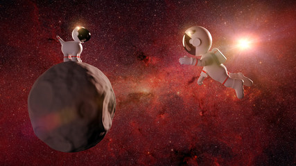 cute cartoon astronaut character and a space dog on asteroid in white space suits in front of colorful star field  - obrazy, fototapety, plakaty