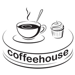 Sign, icon for café. A cup of coffee and a cupcake. Sketch, black icons.
