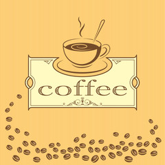 Sign, label with a cup of coffee. Sketch, black icon. Decorative background with coffee beans.