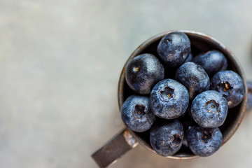 Bunch of Blueberries in Rusty Metal Jug on Gray Concrete Background Scattered Berries Creative Copy Space