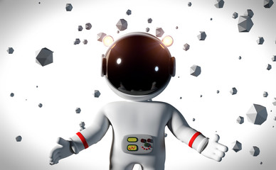 white cartoon astronaut character floating between geometric objects in front of a white background 