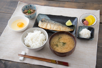 traditional japanese breakfast with mackerel