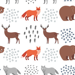 Seamless hand-drawn pattern with forest animals: fox, bear, deer, wolf on white background. Scandinavian design style. Vector illustration