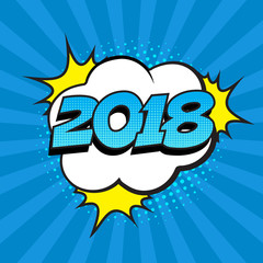 Retro comic speech bubble with colorful halftone shadow on blue stripes pattern. Number 2018 text for New Year. Vector illustration, vintage design, pop art style.