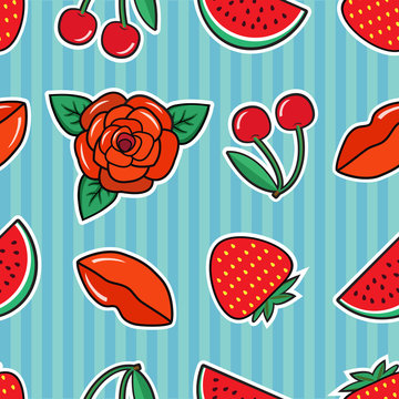 Seamless pattern with red rose, cherry, strawberry, lips and heart on green background. Fashion patches and stickers. Vector illustration.