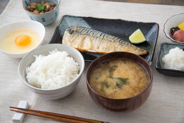 traditional japanese breakfast with mackerel