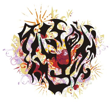 Tribal tiger mascot in grunge style. Flaming tiger head closeup with red hearts inside, arrows, asterisks and colorful splashes