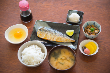 traditional japanese breakfast with mackerel