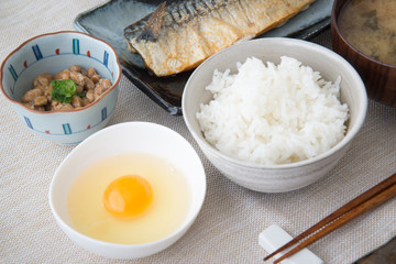 raw egg, rice and natto for japanese breakfast