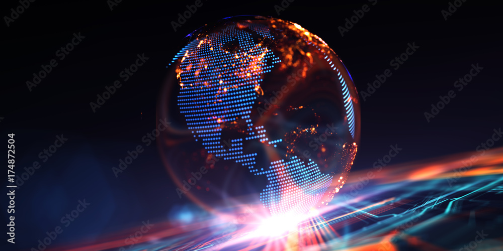 Poster Virtual model of digital earth communications/ The holographic virtual model  the planet Earth, on a abstract technological background made of different element printed circuit board.