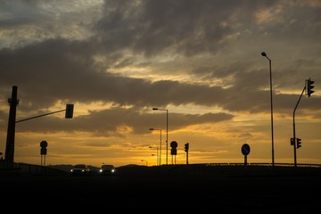 Sunset on the crossroads in the town. Slovakia