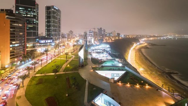 Night time lapse of Miraflores, Lima, Peru