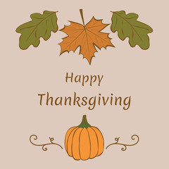 Happy thanksgiving. Hand-drawn pattern with maple and oak leaves and pumpkin