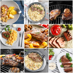 Collage of different dishes with steak