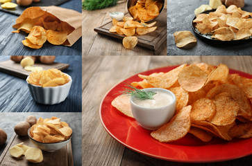 Collage of tasty potato chips