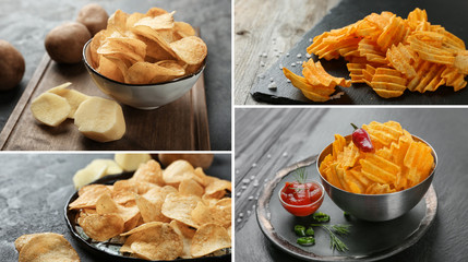 Collage of tasty potato chips