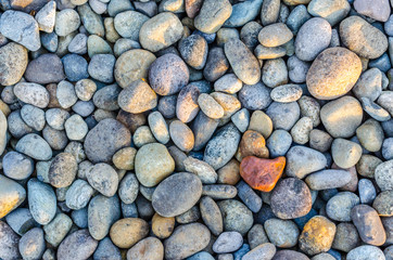 Textured pebble, stone or rock. Abstract background or backdrop. Sunlight streaming onto textured beach or landscape stones.