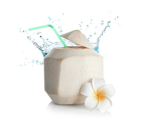 Coconut with plumeria on white background