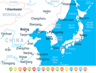 North Korea South Korea Japan China Russia Mongolia Map - Vector Illustration