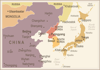 Fototapeta premium North Korea South Korea Japan China Russia Mongolia Map - Vintage Vector Illustration