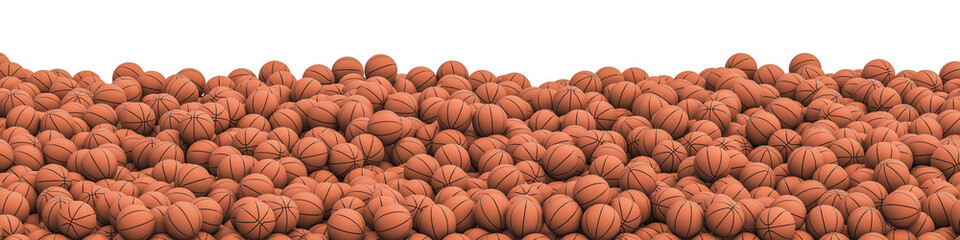 Basketballs pile panorama / 3D illustration of panoramic view of hundreds of basketballs - obrazy, fototapety, plakaty