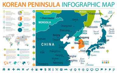 Obraz premium Korea Północna Korea Południowa Japonia Chiny Rosja Mongolia Mapa - informacje graficzne ilustracji wektorowych