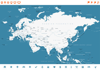 Naklejka premium Eurasia Europa Rosja Chiny Indie Indonezja Tajlandia Mapa - ilustracja wektorowa
