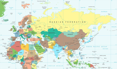 Fototapeta na wymiar Eurasia Europa Russia China India Indonesia Thailand Africa Map - Vector Illustration